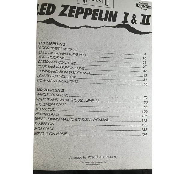 Classic Led Zeppelin I & II Bass/Vocal Authentic Bass Tab Edition Book - Picture 3 of 3